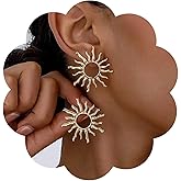 Allereyae Boho Large Sun Earrings Circle Sunshine Earrings Gold Sunshine Stud Earring Sunburst Stud Earring Hollow Sun Jewelry for Women