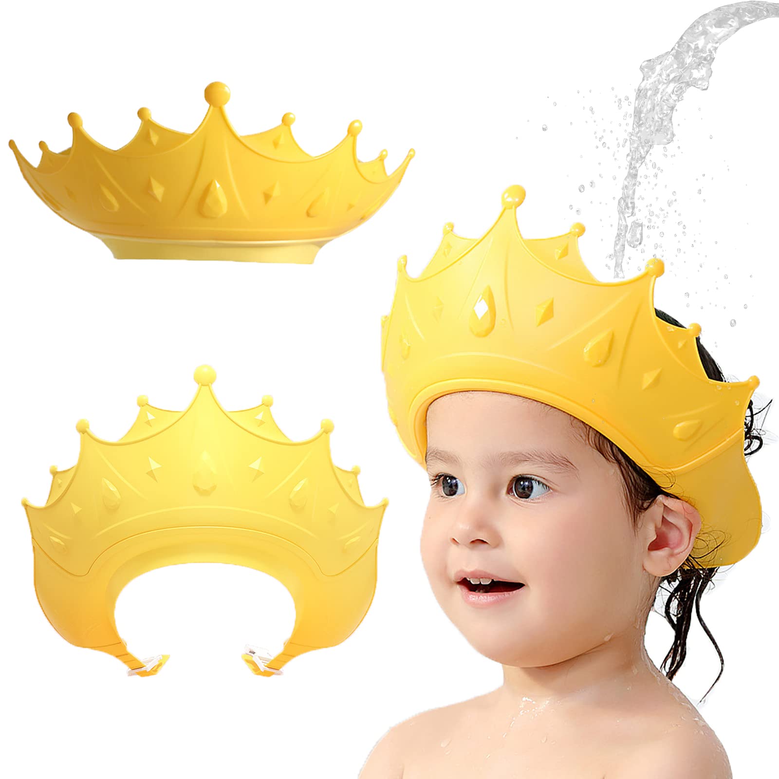 Shower Caps for Kids, KAMHBE Baby Shower Cap Shield Adjustable Crown Hair Washing Shampoo Shield Baby Visor for Eyes, Ears and Face (Yellow)