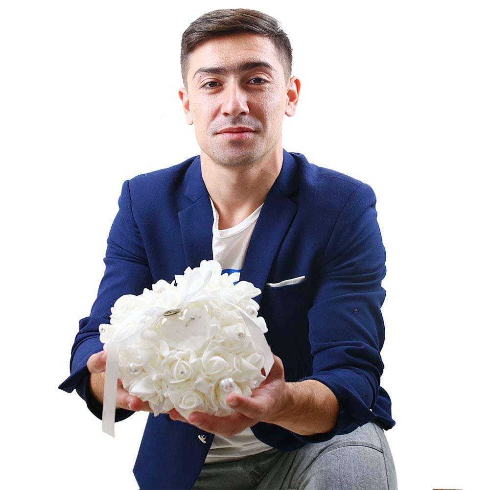 Wedding Ring Pillow, White Ring Pillow Lace Crystal Rose Wedding Heart Ring Box Ring Holder