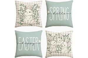 WIOYOI Easter Outdoor Pillow Covers, 18 x 18 inch Set of 4 Waterproof Throw Pillow Cases, Bunny Cushion Decor for Home Outside Patio Front Porch House Farmhouse(Green)
