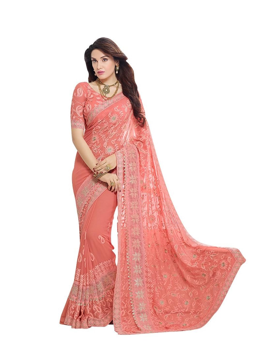 craftsvilla chiffon saree with blouse piece (fkms207-9004 peach_orange_free size)