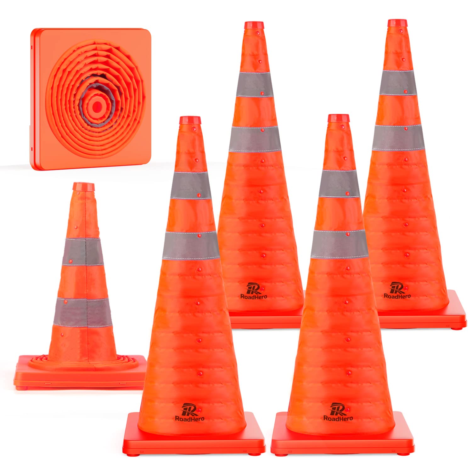 Photo 1 of RoadHero 28 Inch 6 Pack Collapsible Traffic Safety Cones, Multi Purpose Pop-up Cones with Reflective Collar for Road Safety, Orange Cones for Driving Training, Parking Lots