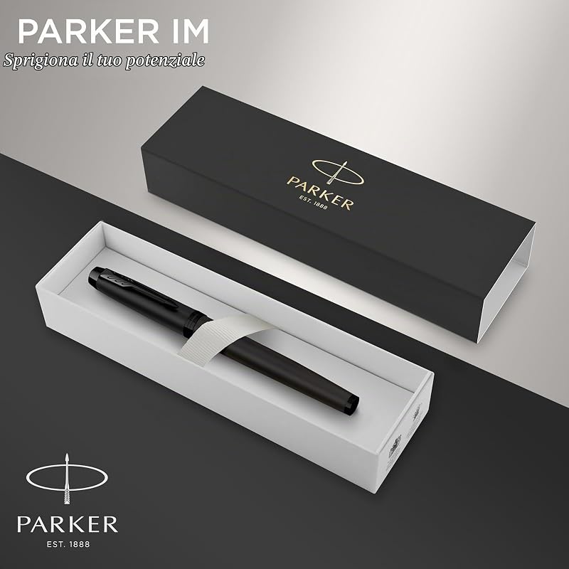 IM penna roller | Nero opaco con finiture nere | Punta fine con ricarica di inchiostro nero | Confezione regalo