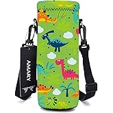 AMARY 500ML Neoprene Water Bottle Carrier Bag with Adjustable Shoulder Strap,Insulated Water Bottle Cover for Stainless Steel/Glass/Plastic Bottles 16.9OZ (dinosaur)
