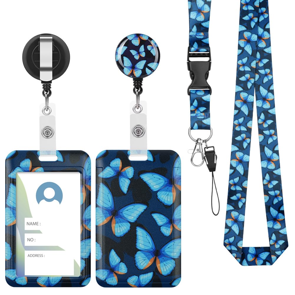 Vicloon Badge Holder, 2Pcs Lanyard with Card Holder, Retractable Reel Clip, Transparent Window, for Women Nurse Teacher Student (Butterfly)