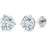 Gem Stone King 18K White Gold Sky Blue Aquamarine Martini Stud Earrings For Women Men (1.50 Ct Round 6MM)