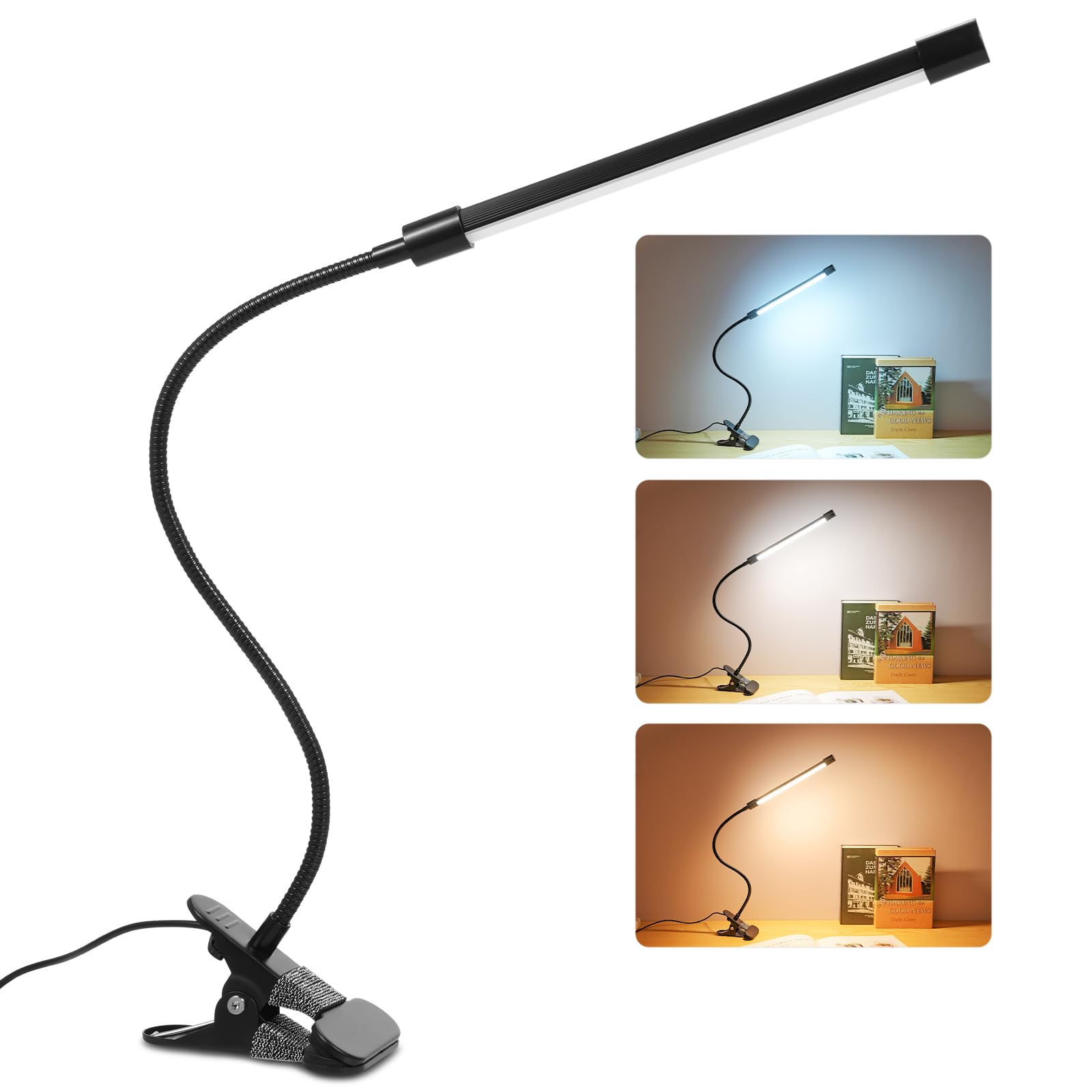 Lixada Clip On USB Desk Lamp, 3 Light Modes, 10 Dimmable Brightness, 43cm Flexible Gooseneck Book Ring Light for Gaming/Video Conference/Reading, Clip on Table, Headboard
