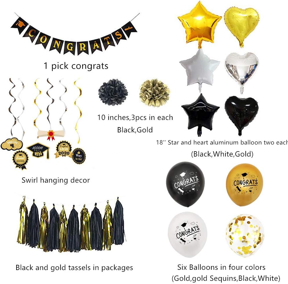 2020 Graduation decorations 53pcs set graduation Baloons-graduation Banner-graduation Hanging Swirls Strings-Black Gold Tissue Paper Pom Poms for Wedding,Graduation Party Supplies 2020: Toys & Games