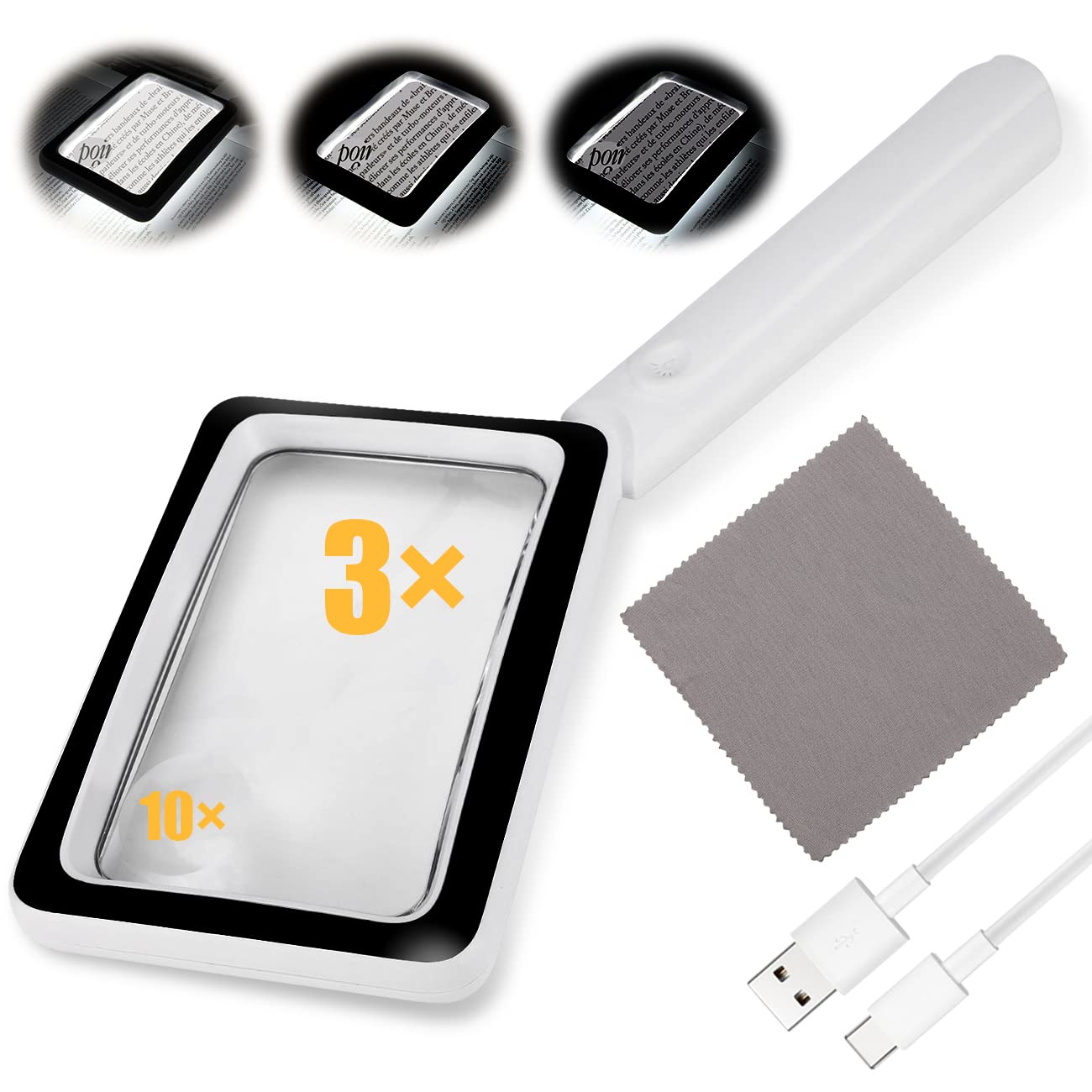 Rechargeable Magnifying Glass with Light 10X 3X Large Llluminated Magnifier with 20 LED Handheld Magnifying Glass with 3 Light Modes Magnifying Glasses for Hobbies Reading Seniors Kids