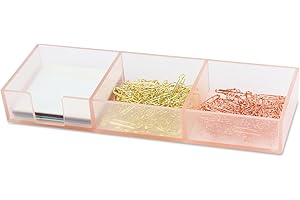 Buqoo 3 in 1 Sticky Note Holder, Acrylic Pink Self Stick Note Pad Holder, 10" x 3.4" x 1.4" Post It Note Dispenser Desk Organizer Suitable for Home School Office Memo Pads Holder with 3 Compartments