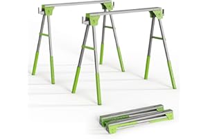ZYLOQUEX Adjustable Height Sawhorse 2 Pack, Folding Portable Saw Horses with 30-34 inch Adjustable Legs, Heavy Duty Steel Pro Bench Saw Horse for Woodworking, Carpenters, Contractors, Fully Assembled (green)
