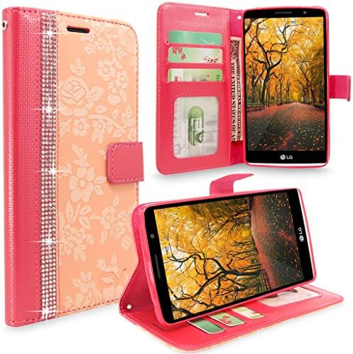LG G Stylo Case, LS770 Case, Cellularvilla [Stand Feature] Flower Texture Wallet Case [Diamond Jewel] Premium Pu Leather Flip Cover [Card Slots] For LG G Stylo / LG G Stylus LS770 (Peach Pink Bling)