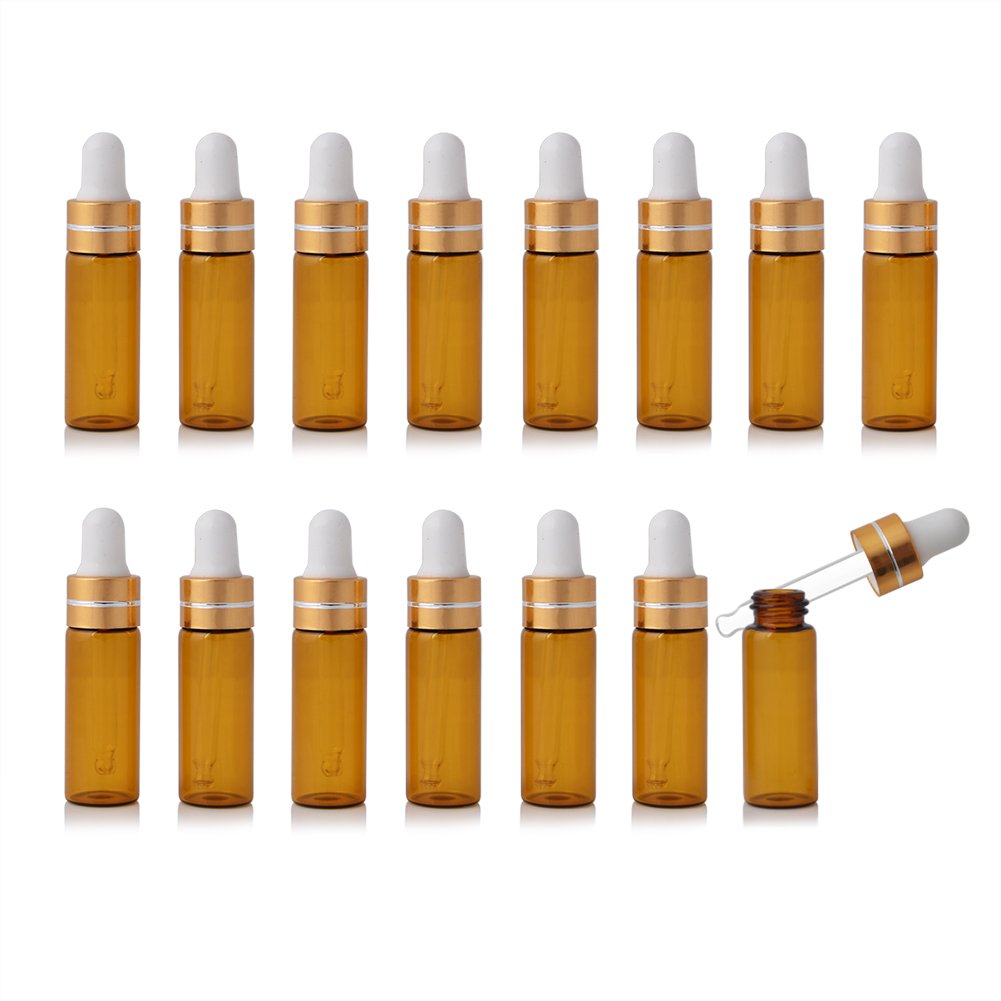 Enslz 15 Pieces Mini Amber Refillable Glass Essential Oil Bottles Eye Dropper for Essential Oils Perfumes Cosmetic Sample Storage Gold Screw Cap (5ml)