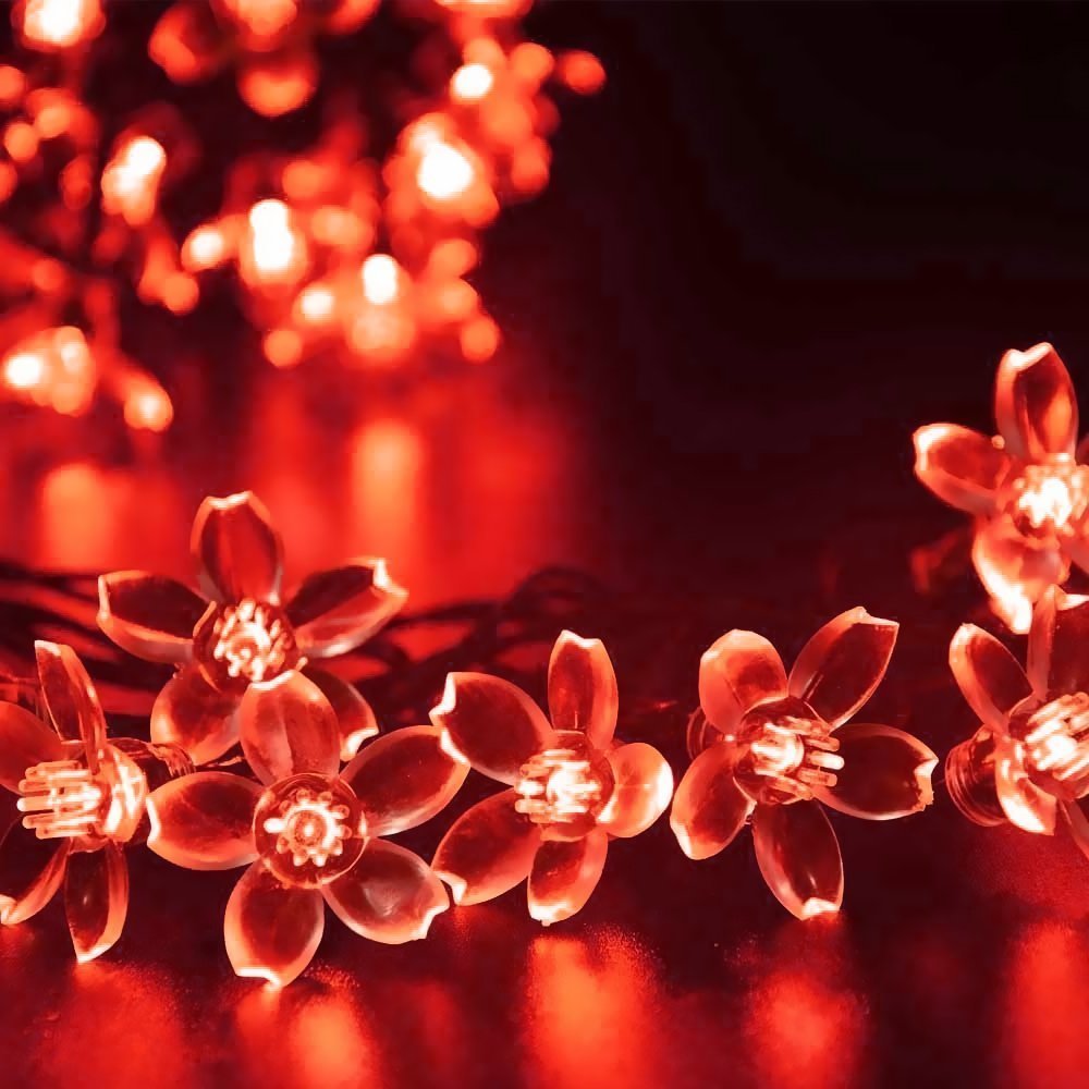 KINGCOO Solar Flower String Lights Outdoor, Waterproof 21FT 50LED Peach Cherry Blossom Solar Fairy String Lights 8modes for Gardens Indoor Home Wedding Christmas Party Decorations(Red)