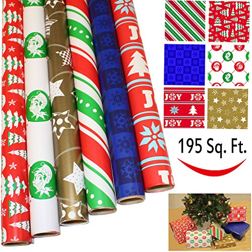 6 Rolls Holiday Gift Wrapping Paper (30” X 156”) for Holiday Gift Wrap, Christmas Gift Wrapping Decoration, School Classrooms, Party Favors by Joiedomi