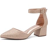 Shoe Land Closed Toe Heels for Women – 2.25 Inch Low Block Pumps for Office | Pointed Toe Chunky Dress Heels with Ankle Strap | Comfy Womens Business Casual Shoes