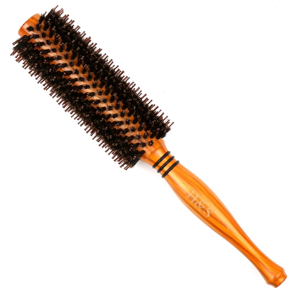 H&S Wooden Round Boar Bristle Hairbrush for Soft, Natural Beard & Hair Styling - Beard Brush - Round Hairbrush