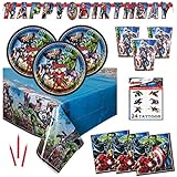 Avengers Birthday Party Supplies Set - Serves 16 - Includes Banner Decoration, Tablecover, Plates, Cups, Napkins, Tattoos and Candles