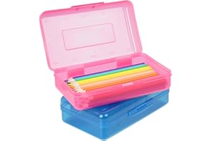DANRONG Plastic Pencil Box 2 Pack, Large Capacity Pencil Case, Colored Pencil Boxes for Kids Adults, Hard Crayon Box Storage with Snap-Tight Lid for School Office Supplies (Pink & Blue)