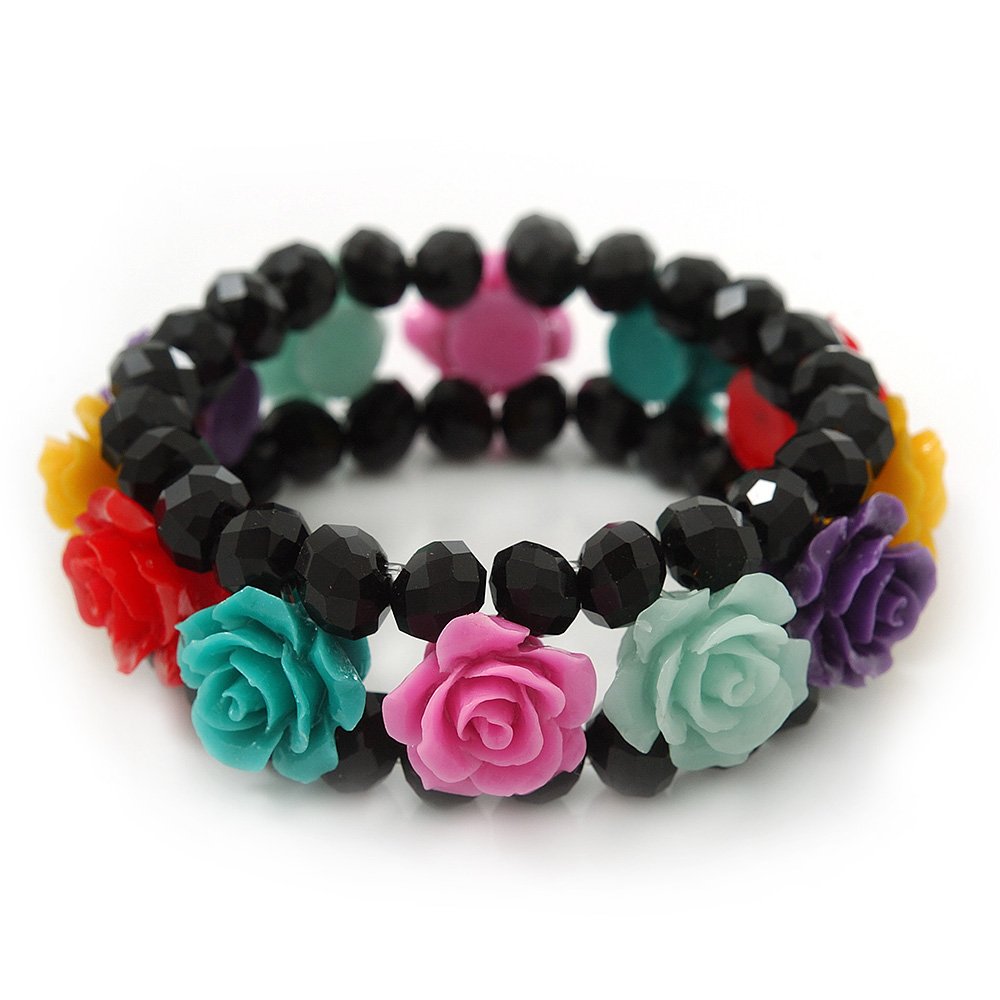 Avalaya Romantic Multicoloured Resin Rose, Black Glass Bead Flex Bracelet - 19cm Length