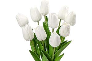 10 Pcs White Tulips Artificial Flowers Real Touch Fake Tulips Fake Flowers for Mother's Day 13.5" Faux Tulips Faux Flowers Bu