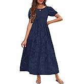 MITILLY Summer Flower Girl Dress Elegant Short Sleeve Crew Neck A-Line Flowy Maxi Dress for Kids with Pockets 6-12 Years