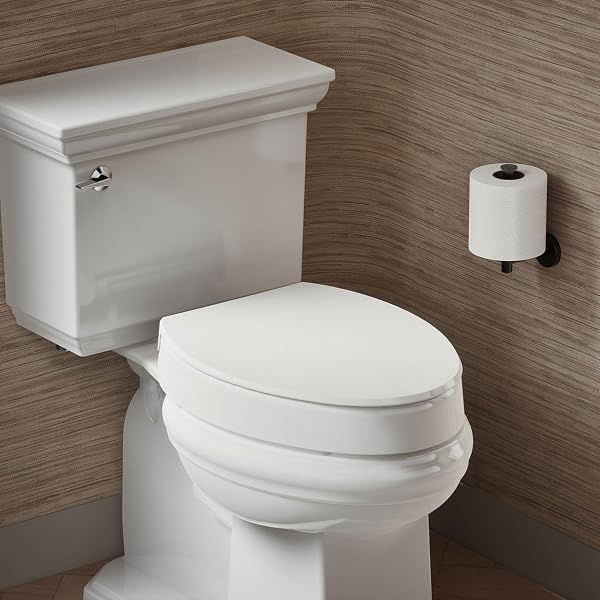 KOHLER 25875-0 HYTEN 3″ HEIGHT, ELEVATED SOFT CLOSE ELONGATED TOILET SEAT, CONTOURED SEAT WITH GRIP-TIGHT BUMPERS, QUICK-ATTACH HARDWARE, NO SLAM TOILET SEAT, WHITE