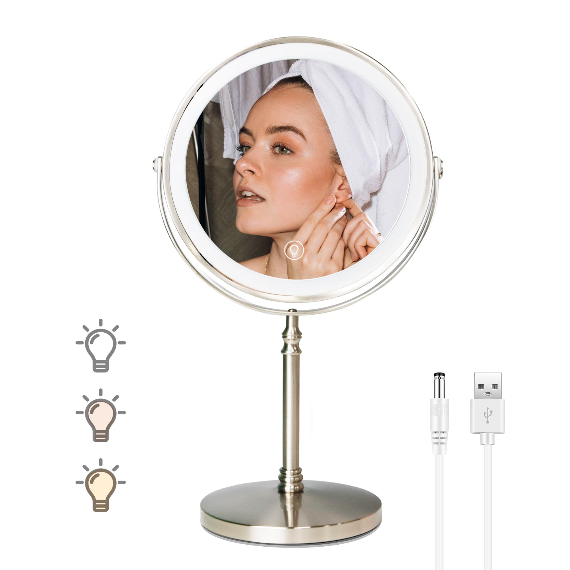 WITFAMILY makeup mirror with 1x/10X magnification illumination, USB charging, 3-color light and 360 degree rotation, double-sided household mirror (Nickel)