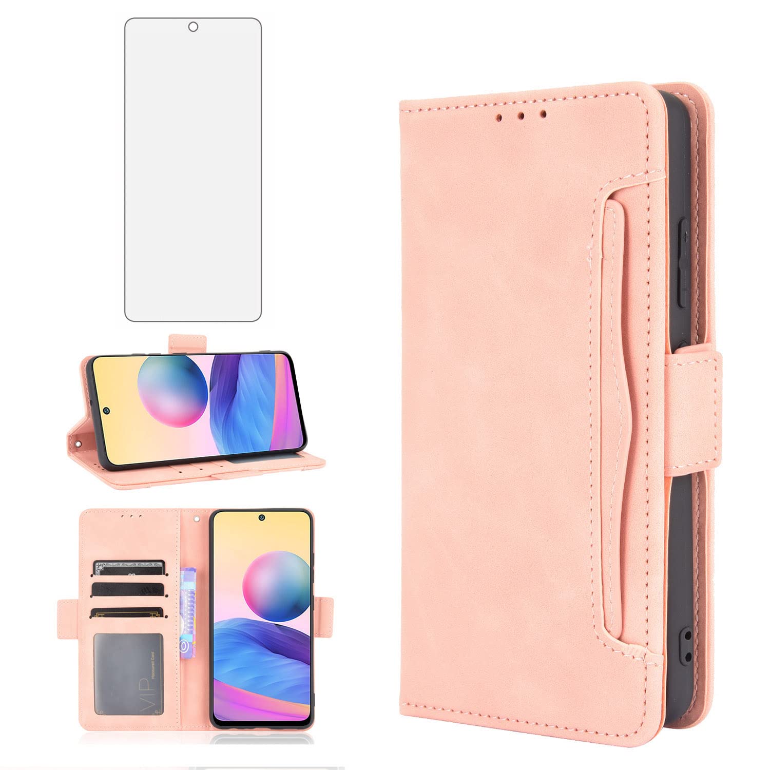 Asuwish Compatible with Xiaomi Redmi Note 10 5G Wallet Case Tempered Glass Screen Protector Card Holder Credit ID Slot Leather Flip Phone Cover for Poco M3 Pro/Redme Note 10T G5 Women Men Rose Gold