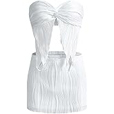 OYOANGLE Women's 2 Piece Outfits Textured Strapless Crop Top and Bodycon Short Skirt Set Party Clubwear