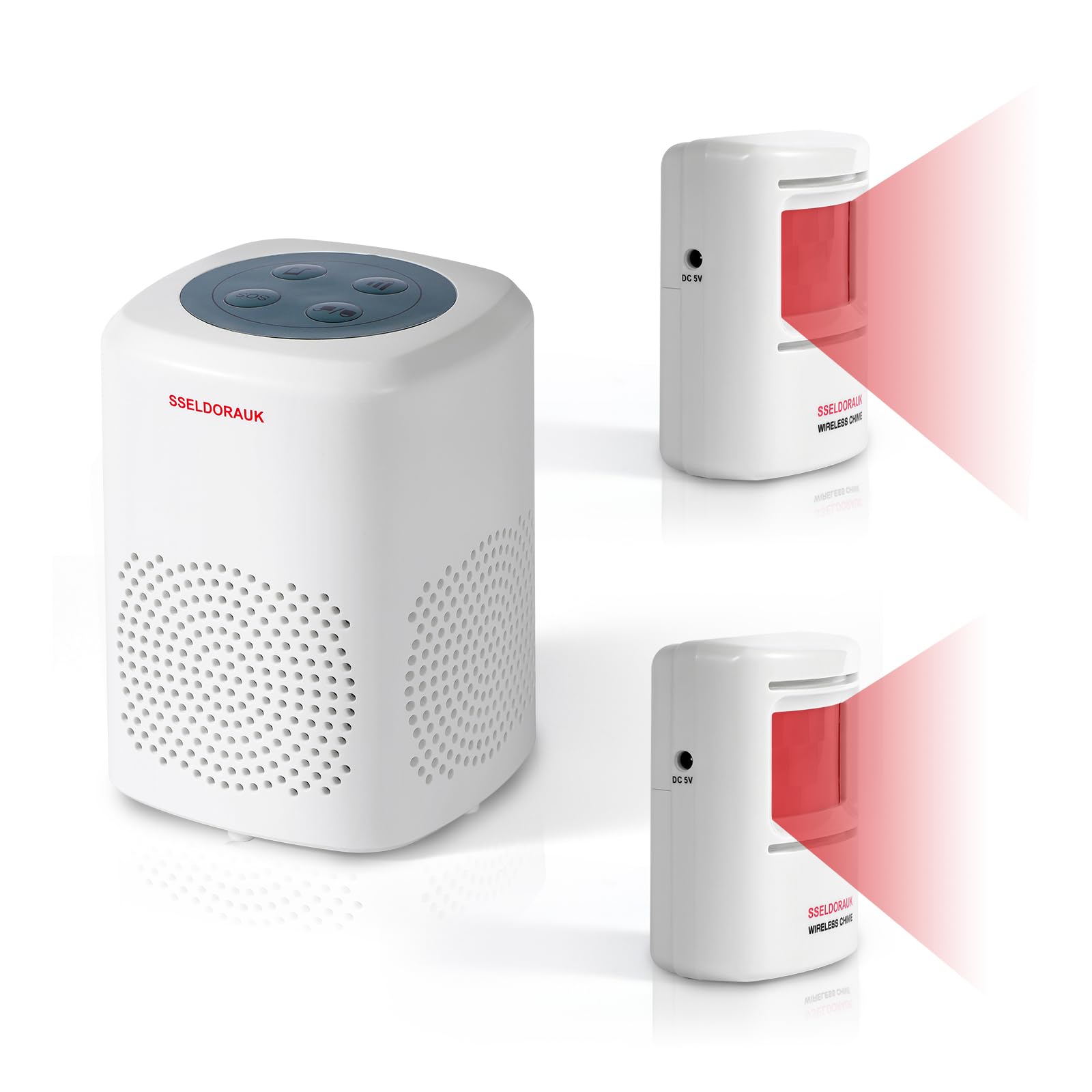 S SELDORAUK Motion Sensor, PIR Dog Barking Alarm Chime Alert Doorbell Guard Wireless Infrared Detect Deceive Wall Mounted for Home Security Indoor Outdoor Range 1000ft 110dB (1Receiver+2Detectors) — image 1