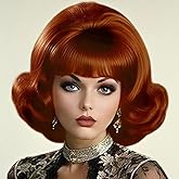 Siudus Brown Vintage Curly Cosplay Wigs for Women Auburn Bouffant Beehive 50s 60s Retro Costume Hair Wig with Bangs for Halloween Party Use (Auburn Copper)