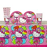 Hello Kitty Party Supplies Pack for 16 Guests Includes: Straws, Dessert Plates, Beverage Napkins, Cups, and Table Cover (Bundle for 16)