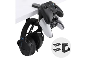 Ginzeca PC Gaming Headphone Stand & Controller Holder, 3 in 1 Under Desk Clamp Universal Headset Controllers Hook with Adjust