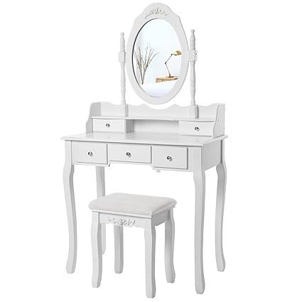 Songmics Wall Fixed 5 Drawers Dressing Table With Stool And Mirror