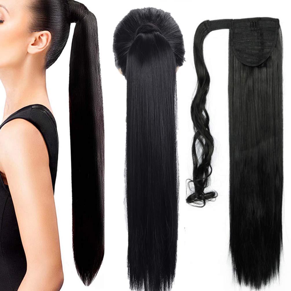 Wrap around Ponytail Extension Long Straight Hair Clip in Pony Tail Hair Extensions Hairpiece 23 inch - Natural Black