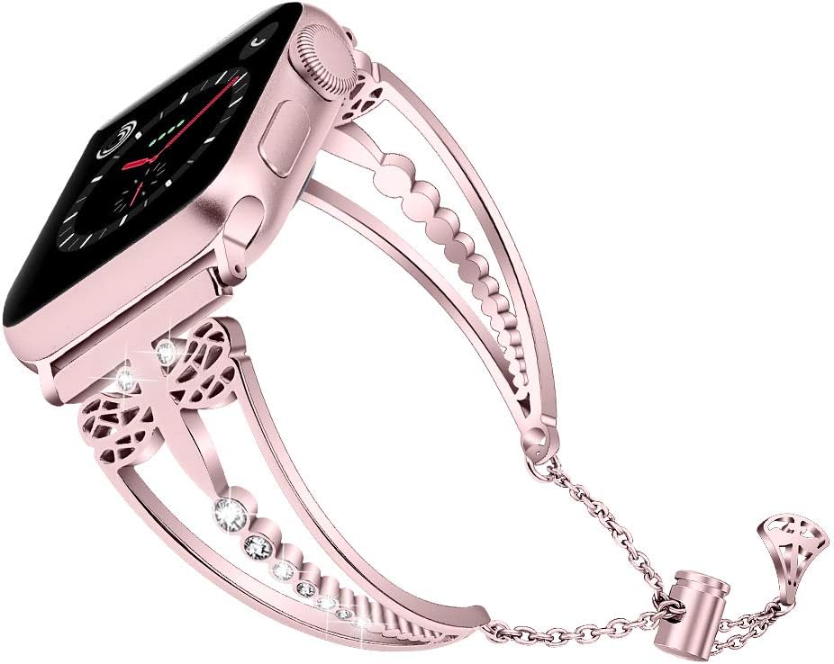 Multaich Compatible for Apple Watch Band 38mm 40mm for Women, Bling Rhinestone Bracelet Stainless Steel Wristband for Iwatch Bands Adjustable Clover Pendant(Rose Gold)