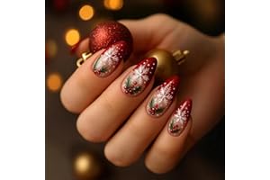 LOPMNGHT Winter Press on Nails Medium Artificial Almond Acrylic False Nails French Red Tip Snowflake Design Stick on Nail Full Cover Coffin Nail Christmas Artificial Fingernails for Women 24Pcs