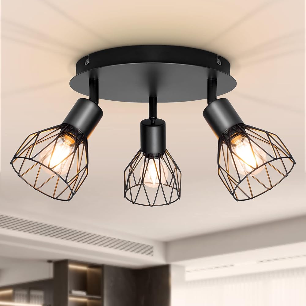 Dehobo Adjustable Ceiling Spotlight Fittings 3 Head E14 Black 22cm