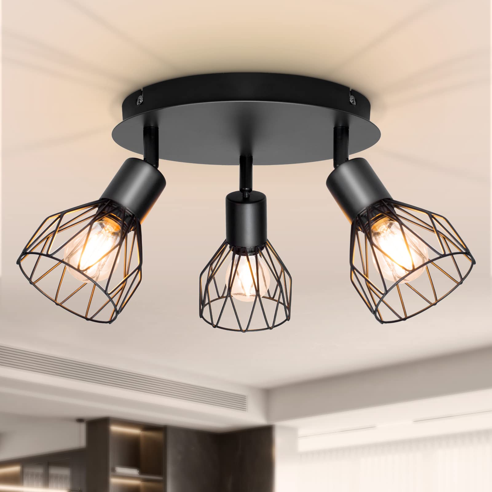 Dehobo Spot Light Fittings for Ceilings Adjustable Metal Wire Cage Kitchen Spotlight Ceiling Lights with E14 Base Black 3 Way Ceiling Light Industrial for Indoor Bedroom Hallway Living Room [Φ: 22cm]