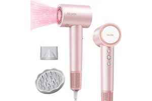 AIRJETZ Hair Dryer, 160,000 RPM High-Speed Ionic Blow Dryer for Fast Drying, Professional Lightweight Hairdryer with Diffuser, Magnetic Nozzle, 4 Temps & 2 Speeds, Low Noise for Travel & Home - Pink