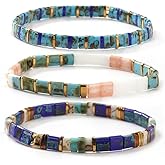 Ustome 3Pcs Stack Tila Flat Square Beaded Bracelets Set for Women Men, Boho Romantic Handmade Healing Gold Colorful Stretch Accessories Jewelry, Daily Vacation Party Holiday Friendship Gift