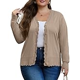 OLRIK Plus Size Cardigan for Women Cropped Long Sleeve V-Neck Buttons Down Ribbed Wave Edges Casual Knit Shrugs