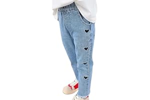 Toddler Jeans Cute Heart Print Straight High Waist Elastic Denim Pants Baby Girls Fall Ripped Bottom Jeans Trousers