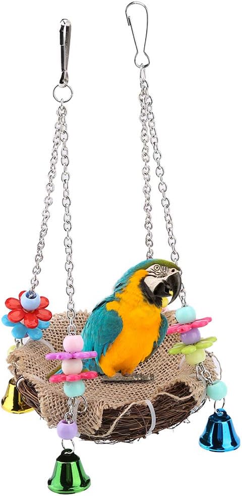 Bird Rattan Nest Swing Toy with Bells, Cage Hammock for Cockatoo Macaw, African Grey, Budgie, Parrot Accessories
