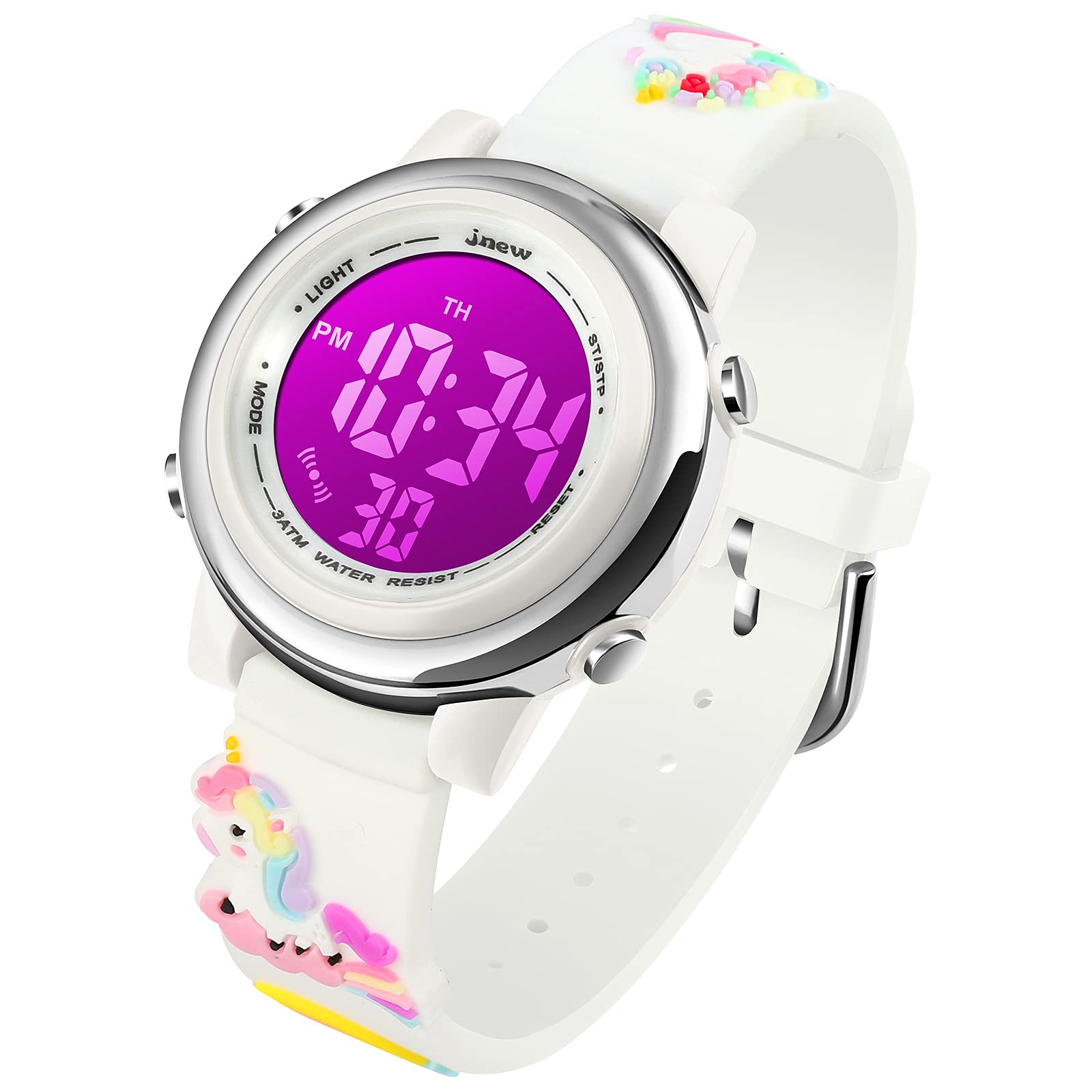 Kids Unicorn Boys Girls Watch, Waterproof Digital-Upgrade 3D Cute Cartoon Outdoor Sports 7 Color LED Luminescent Stopwatch Alarm -White
