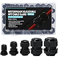 NPT - Prensaestopas de cable de 1/4" 3/8" 1/2" 3/4" 1"- Paquete de 52 conectores de cable ajustables de plástico negro IP68 d