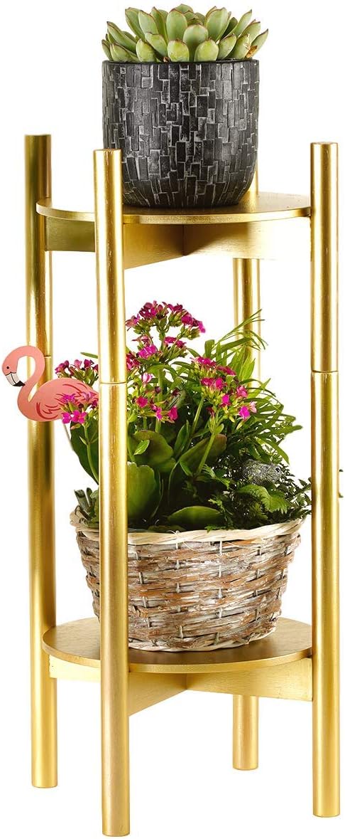 Gold Tall Plant Stand for Indoor Plants – Set of 2 Planter Holders, 10 x 24 Inches High, Tiered Collapsible-Convertible Design - for Small or Large Planter Pots and Vases - Bamboo Wood