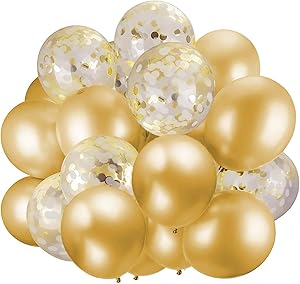 60 Pack Gold Balloons + Gold Confetti Balloons w/Ribbon | Balloons Gold | Gold Balloon | Gold Latex Balloons | Golden Balloons | Party Balloons 12 inch | Clear Balloons with Gold Confetti |