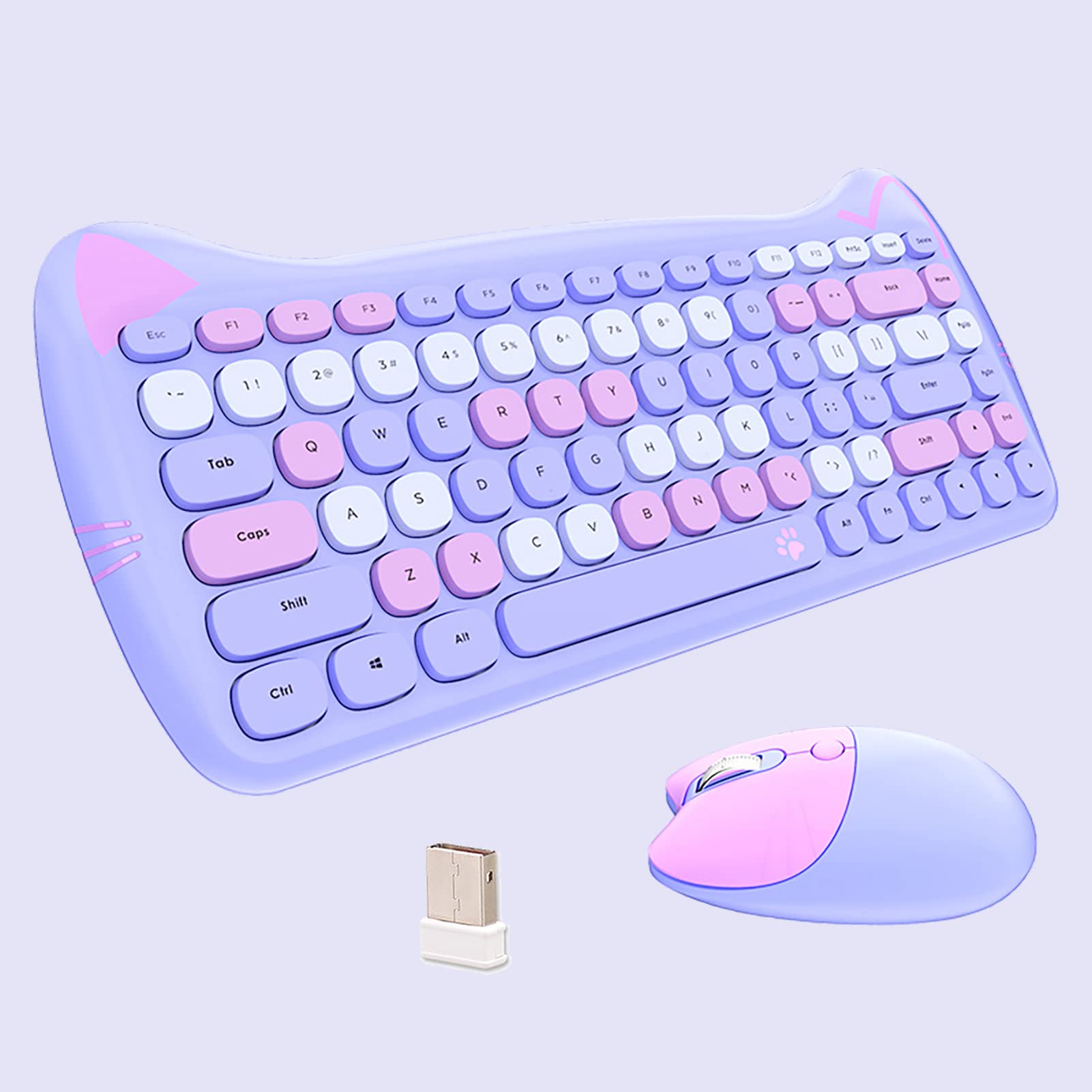 Photo 1 of Cute Cat 2.4G USB Wireless Keyboard and Mouse Combo, Silent Keys, Candy Colors, Compatible with Notebook, PC (Purple-84Keys)